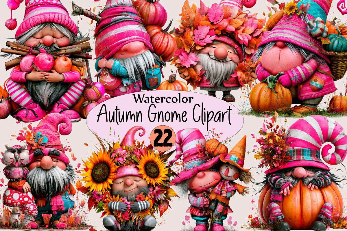 Watercolor Autumn Gnome Clipart, a Seasonal Illustration by SVGArt (Photo 1 of 5)