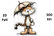 Whimsical Funny Rainy Cat Clipart, an Animal Illustration by GiraffeCreative (Thumbnail 3 of 20)