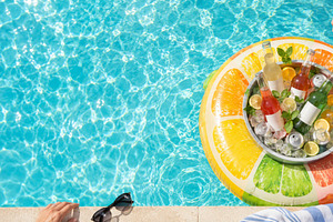 Summer pool party scene with colorfu, a Photo by Dvoevnore photos