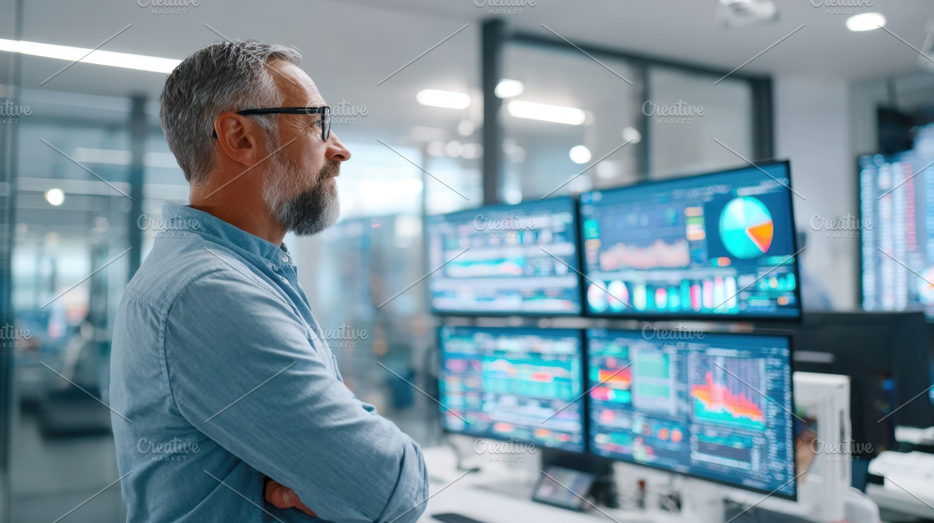 Man analyzing financial data in modern office, a Business Photo by AlyaAnd
