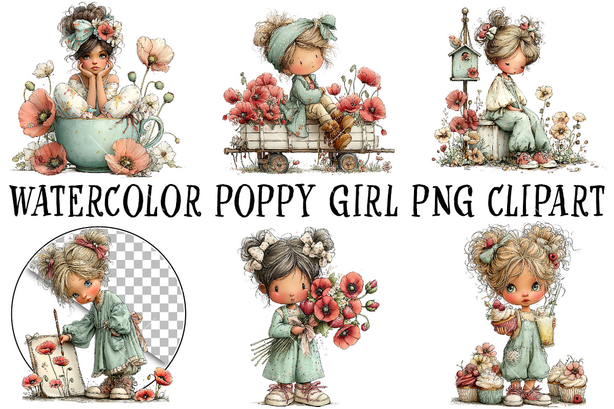 Watercolor Poppy Girl PNG Clipart, a Seasonal Illustration by OK Design (Photo 2 of 6)