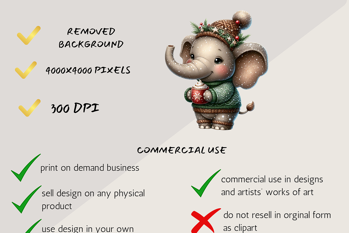 CHRISTMAS ELEPHANT CLIPART PACK, a Seasonal Illustration by Daring Digies (Photo 7 of 9)