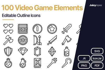 100 Video Game Elements Line Vector, an Outline Icon by Juicy Icons