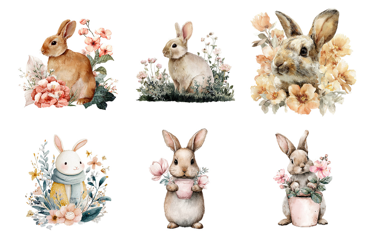 Watercolor Floral Bunnies Clipart, an Illustration by GatewayDesign (Photo 2 of 5)