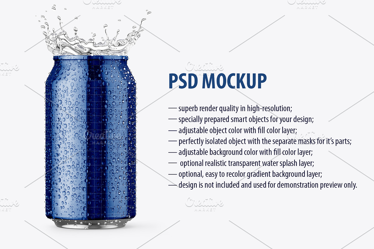 Metallic Beer Can Mockup with Splash, a Packaging Mockup by LoopAll (Photo 2 of 2)