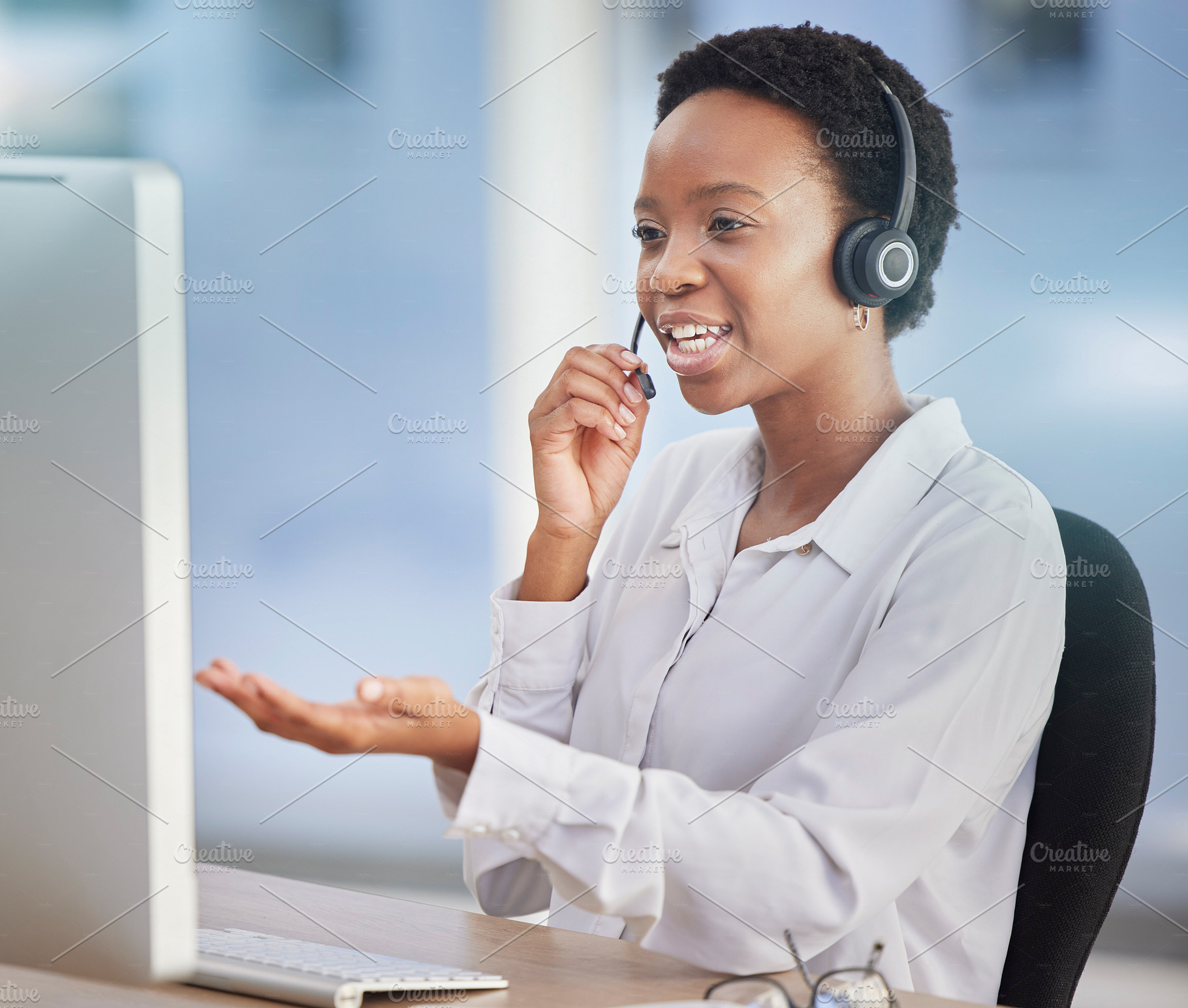 Black woman, customer support staff and call center employee working at desk of an online telemarketing business. Crm consultant, talking online and consulting client for a computer or software issue, a Photo by Peopleimages.com