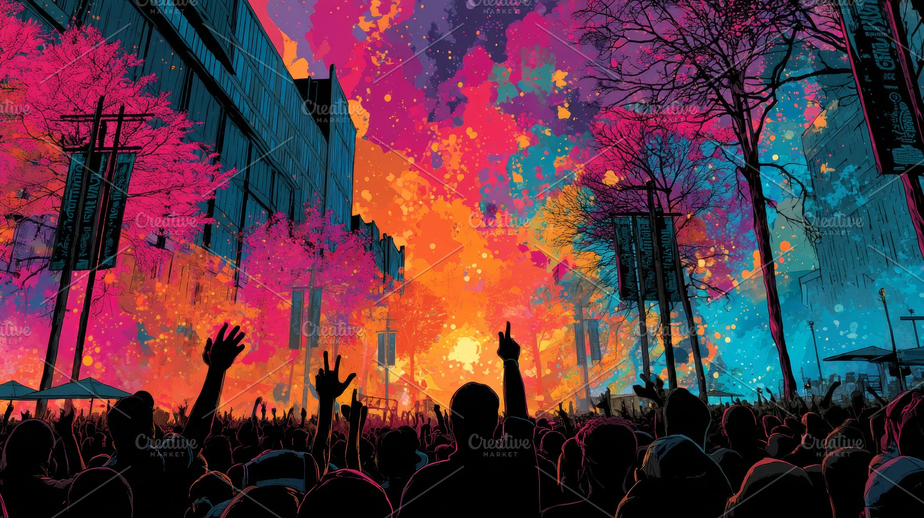 Vibrant music festival crowd in a neon city concert at sunset with colorful pai, a Photo by AS photostudio