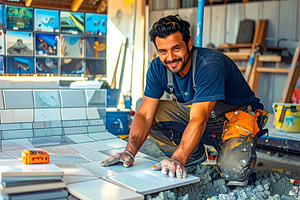 Tile mason starting laying the first tiles with precision and te, a Person Photo by DanFLCreativo