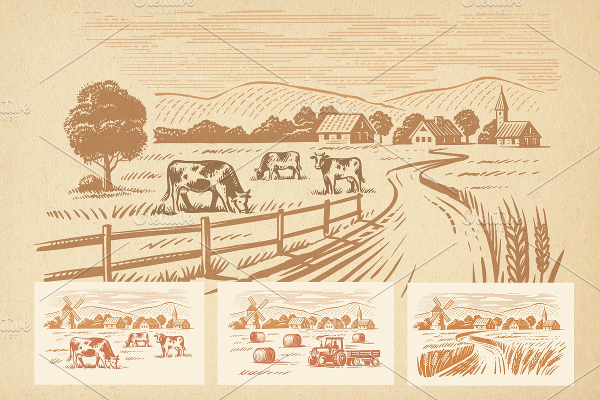 Vintage village. Vector set., an Animal Illustration by bioraven (Photo 6 of 13)