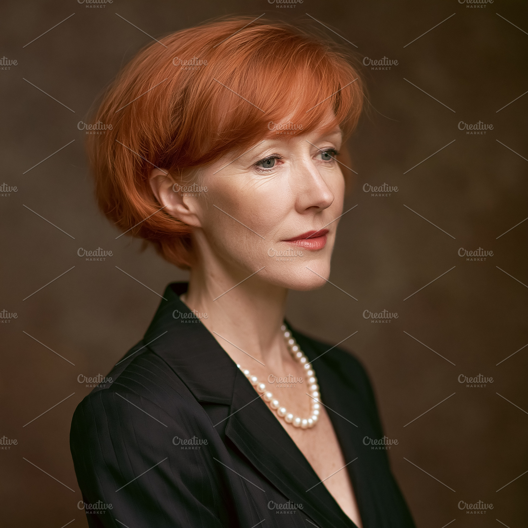 Mature redhead woman wearing a pearl necklace and black blazer,, a Person Photo by Studio ANNA
