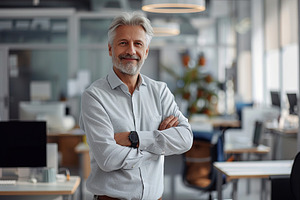 Portrait of mature man with grey hair standing in business office, a Person Photo by AlyaAnd