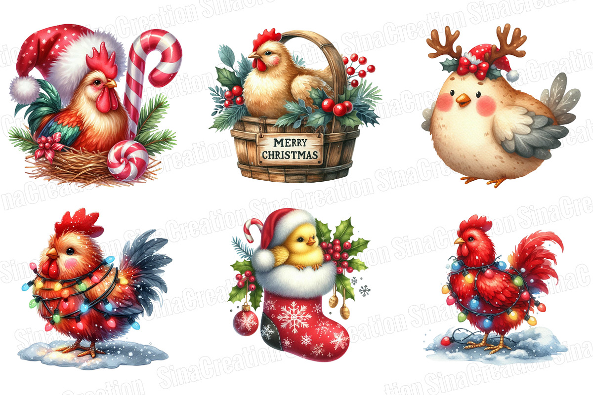 Christmas Chicken Watercolor Clipart, an Illustration by SinaCreation (Photo 4 of 7)