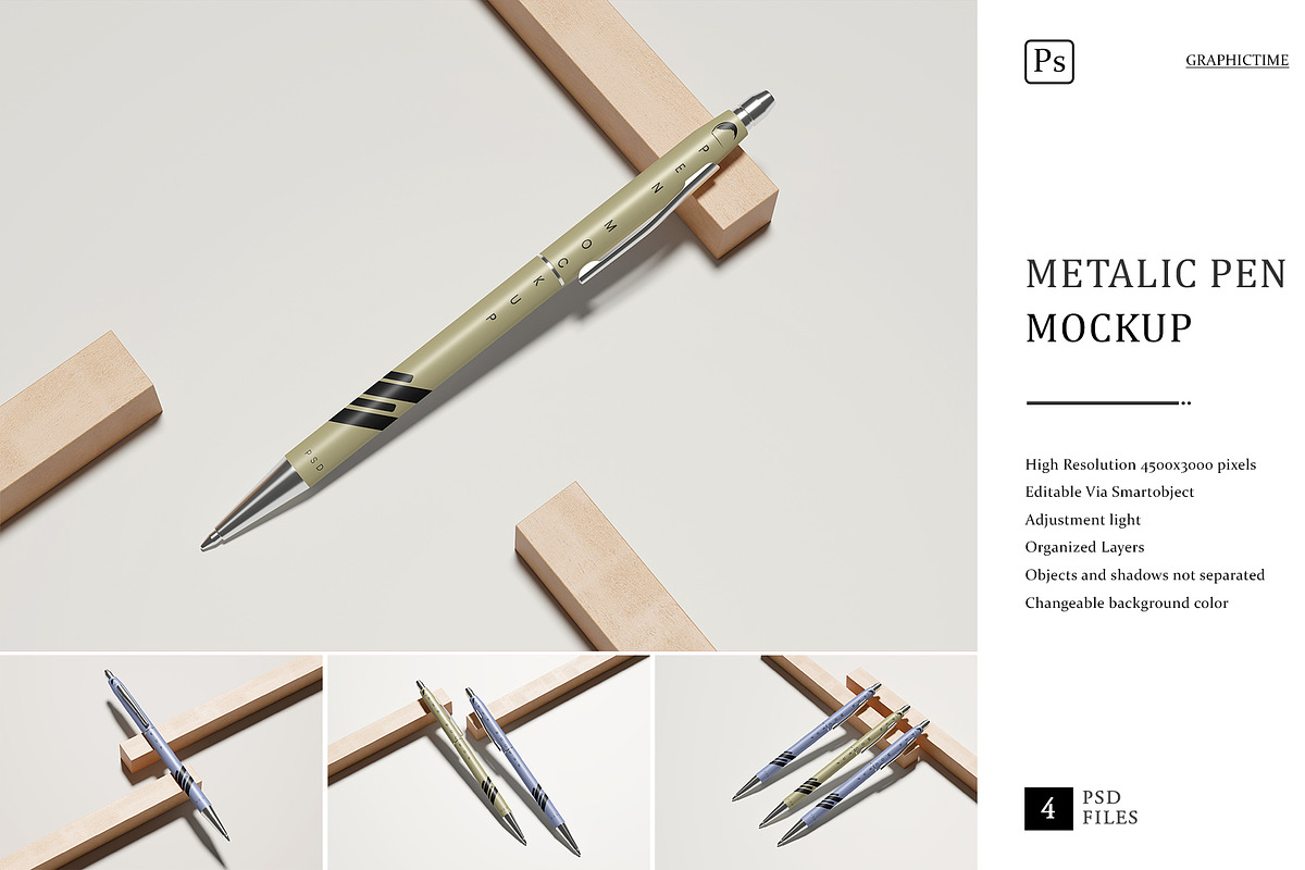 Metallic Pen Mockup, a Pens & Pencil Mockup by graphictime (Photo 1 of 6)