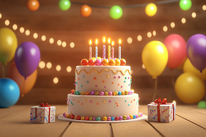 Illustration of tiered birthday cake with party balloons and candles, a Holiday Photo by AlyaAnd