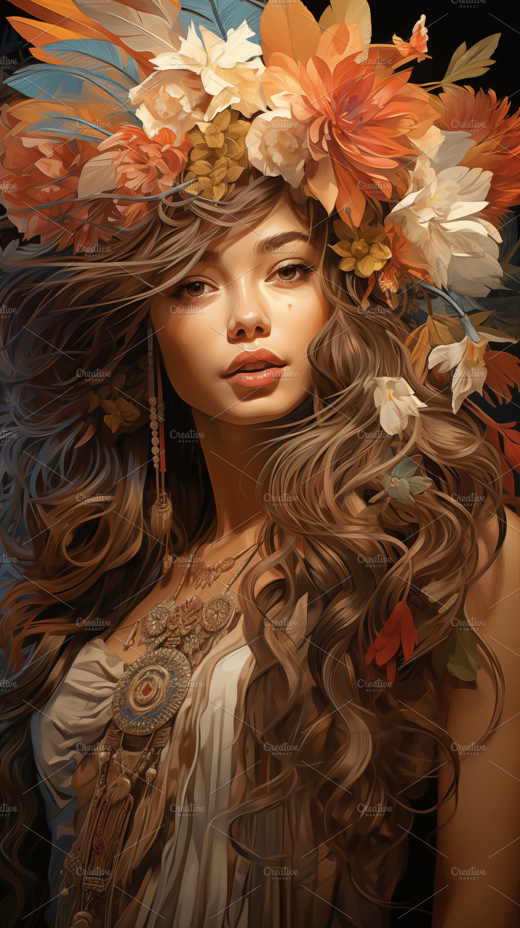 A portrait of a bohemian woman with long, flowing hair adorned with a colorful, a Beauty & Fashion Photo by Textures & Backgrounds