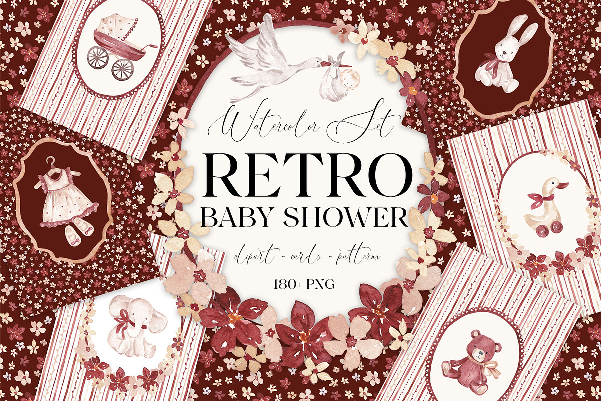 Retro Baby Shower Set, an Object Illustration by SirenaArt (Photo 1 of 21)
