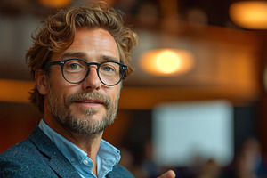 Confident Caucasian male with glasses, smiling warmly in a modern, softly lit c, a Person Photo by ImageMir