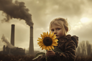 Child holding sunflower in front of, an Industrial Photo by MistyDay