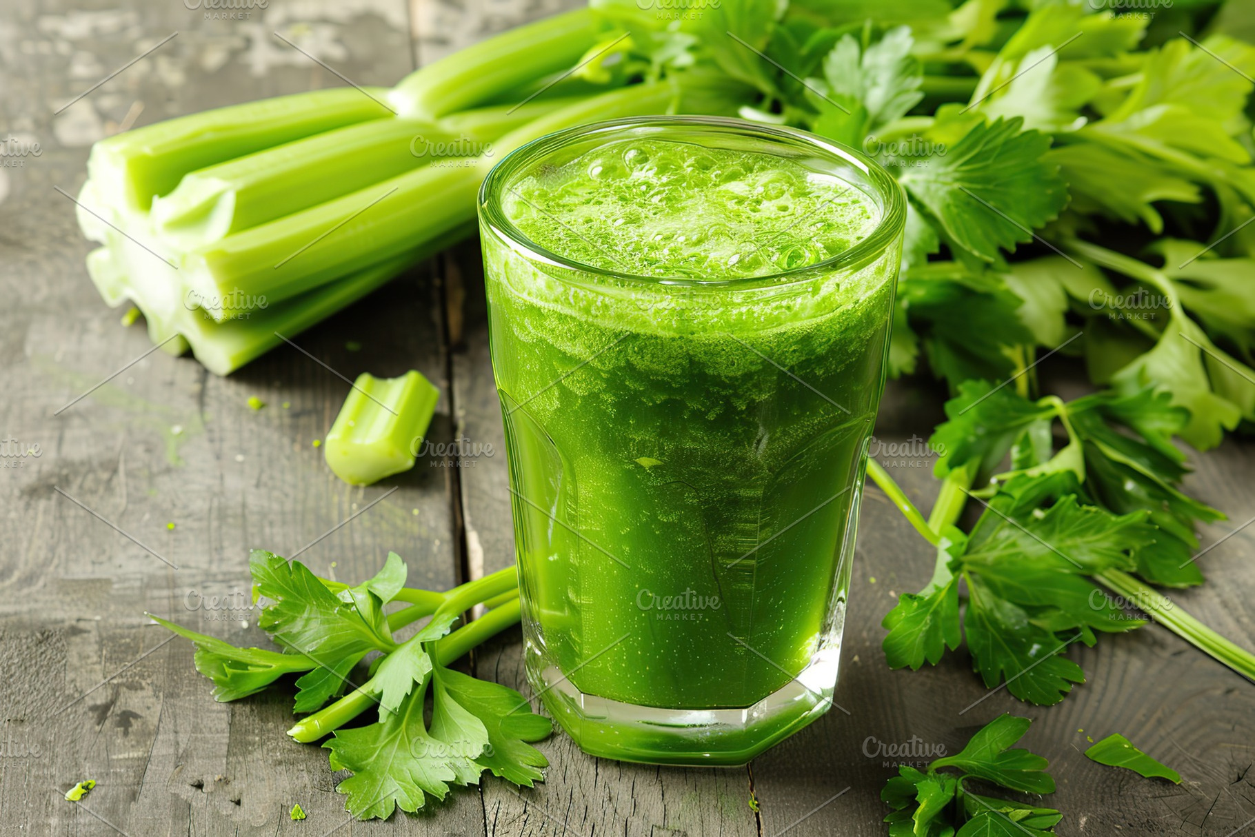 Fresh celery juice in glass on wooden table, a Food & Drink Photo by AlyaAnd