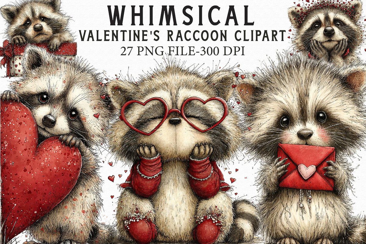 Valentine's Whimsical Raccoon Clipar, an Illustration by Libby Wishes (Photo 1 of 7)