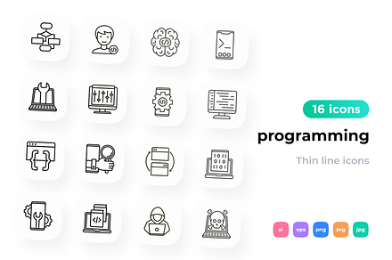 Programming 16 Thin Line Icons Set