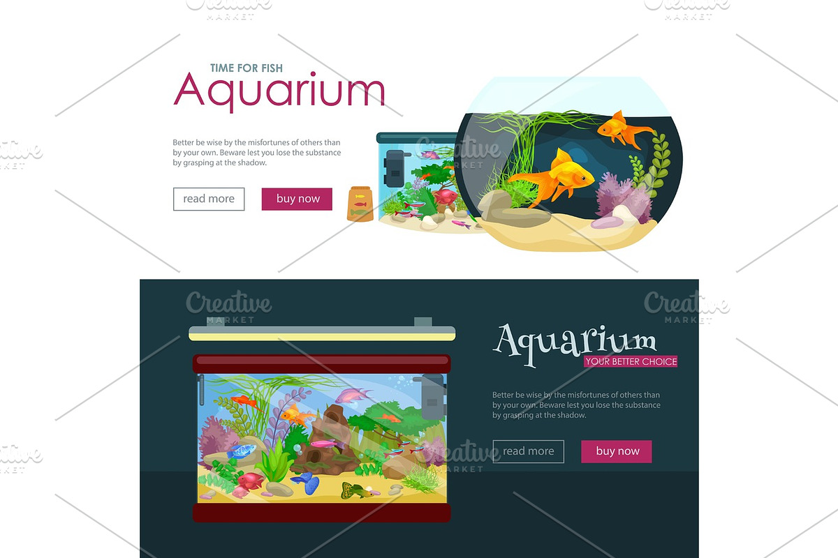 Aquarium fish, seaweed underwater, banner template layout with marine ...