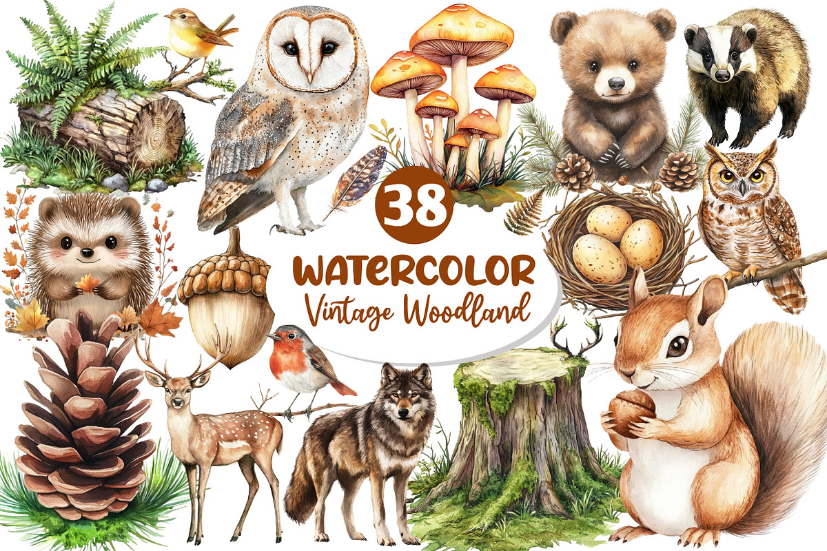 Vintage Woodland Watercolor Clipart, an Illustration by Dream Creation (Photo 1 of 7)