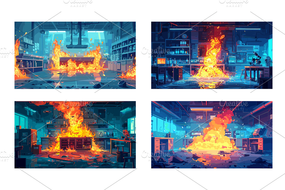 Scientific laboratory fire accident, an Object Illustration by Stock-Smart-Start