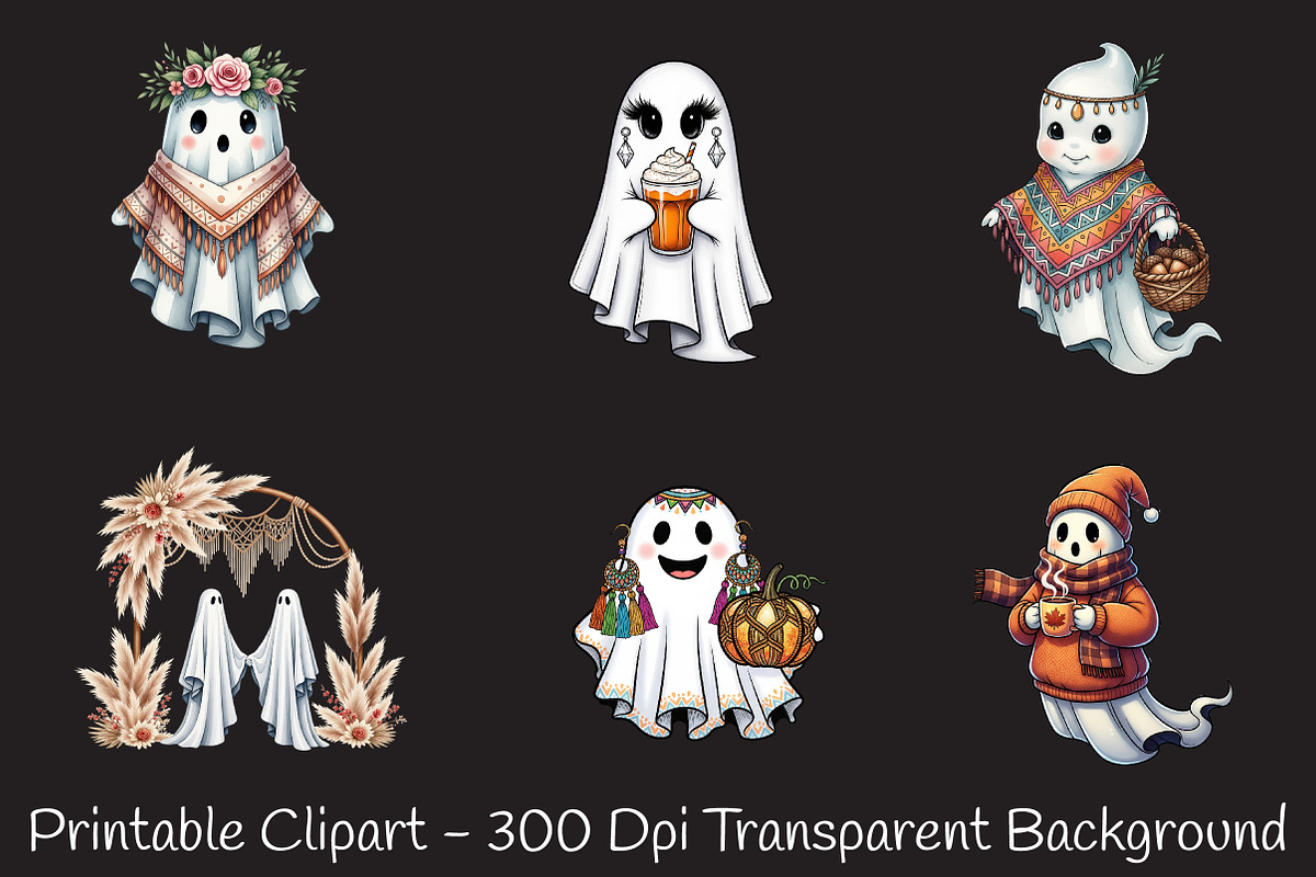 Boho Halloween Cute Ghost Clipart, a Seasonal Illustration by RobertsArt (Photo 4 of 7)