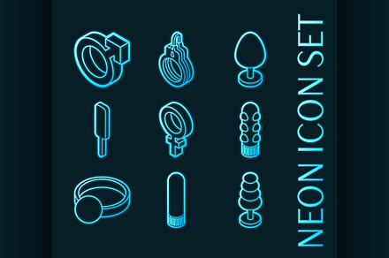 Sex shop set icons. Blue glowing