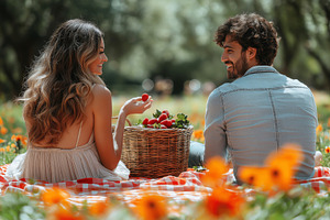 A joyful couple enjoying a picnic in a vibrant field, surrounded by flowers, sh, a Person Photo by ImageMir