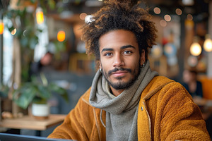 A young Black man with curly hair sits casually in a cozy café,, a Person Photo by ImageMir
