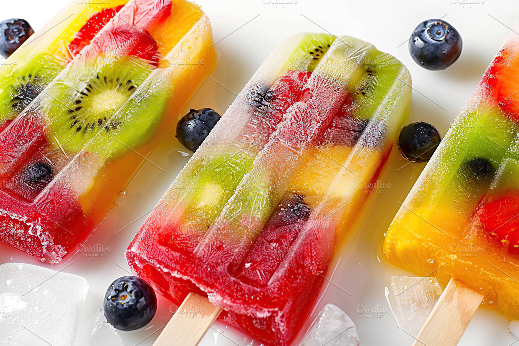 Ice cream popsicles with berries on white background, a Food & Drink Photo by AlyaAnd