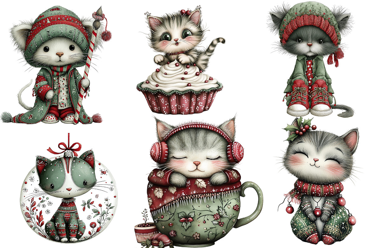 Whimsical Christmas Cats Clipart, an Illustration by DreamArtGraphic (Photo 3 of 4)