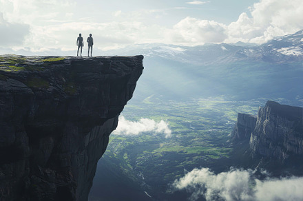Two people standing on a cliff edge, a Photo by Tanuart