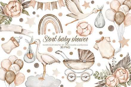 Watercolor stork baby shower clipart, an Illustration by AquarelleSpace