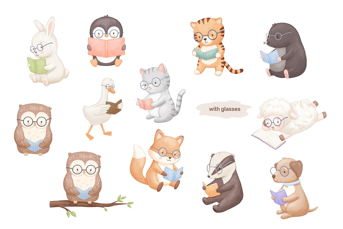 Reading Animals Watercolor Clipart, an Animal Illustration by ElenaPlatovaArt (Photo 4 of 22)
