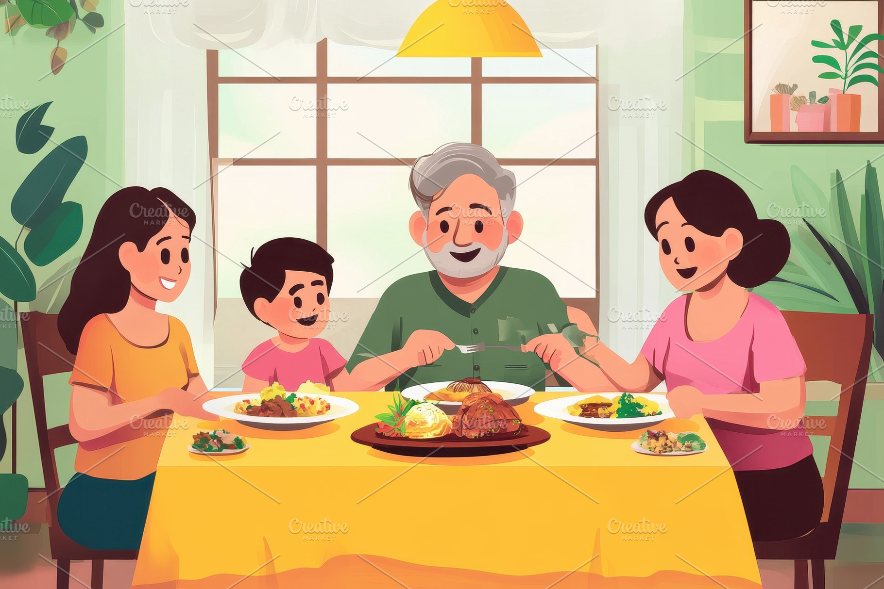 family gathers around the table, a Photo by Pavel_design
