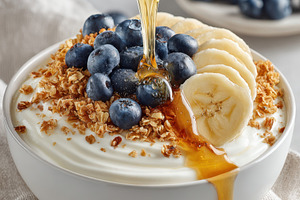 Healthy yogurt bowl with fruits and granola, a Food & Drink Photo by AlyaAnd