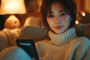 A young Asian woman enjoys a cozy evening at home, reading on her tablet by sof, a Person Photo by ImageMir