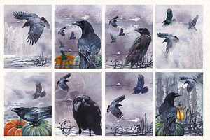 Seven Raven Watercolor Clipart