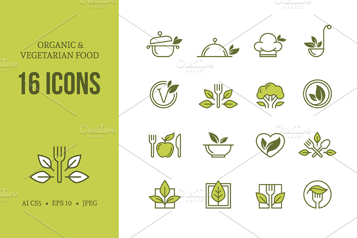 Organic & vegetarian food icons set, an Outline Icon by MaryArt (Photo 1 of 2)