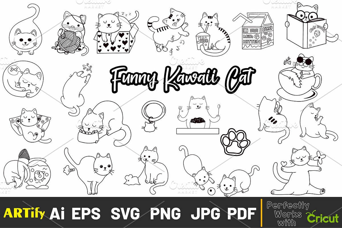 Funny Kawaii Cats Outline Clipart, an Animal Illustration by ARTify Illustrations (Photo 1 of 7)