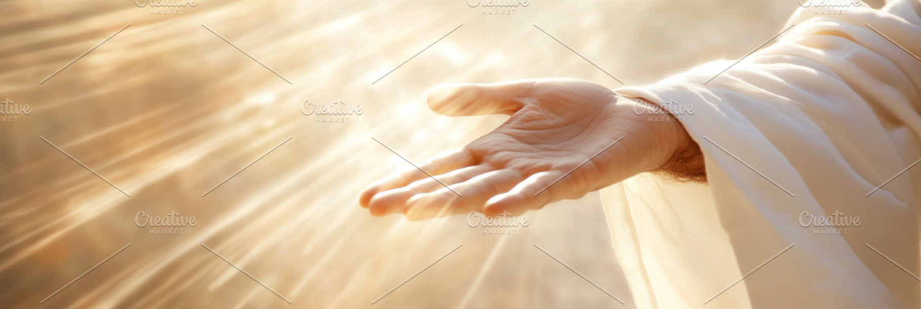Hand of Jesus reaching out with light in spiritual scene, religi, a Photo by Dvoevnore photos