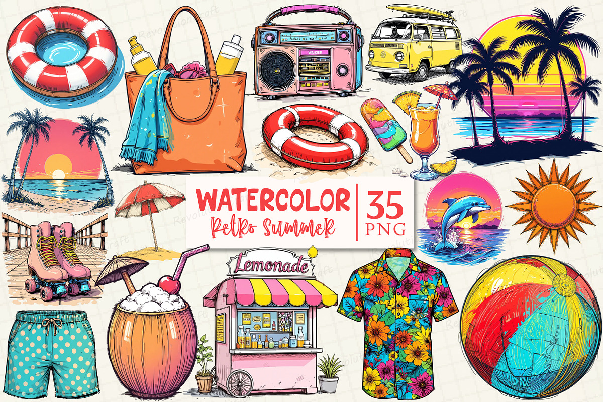 Retro Summer Beach Clipart, an Illustration by OK Design (Photo 1 of 5)