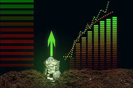 a can of coins on the ground and a growing graph of indicators., a Business Photo by ndanko