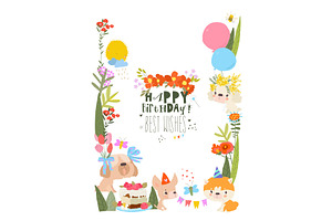 Floral Frame with Cute Funny Dogs, an Object Illustration by Maria Starus
