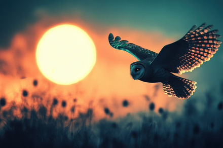 Owl in flight at sunset. The nocturn, an Animal Photo by Pixeness