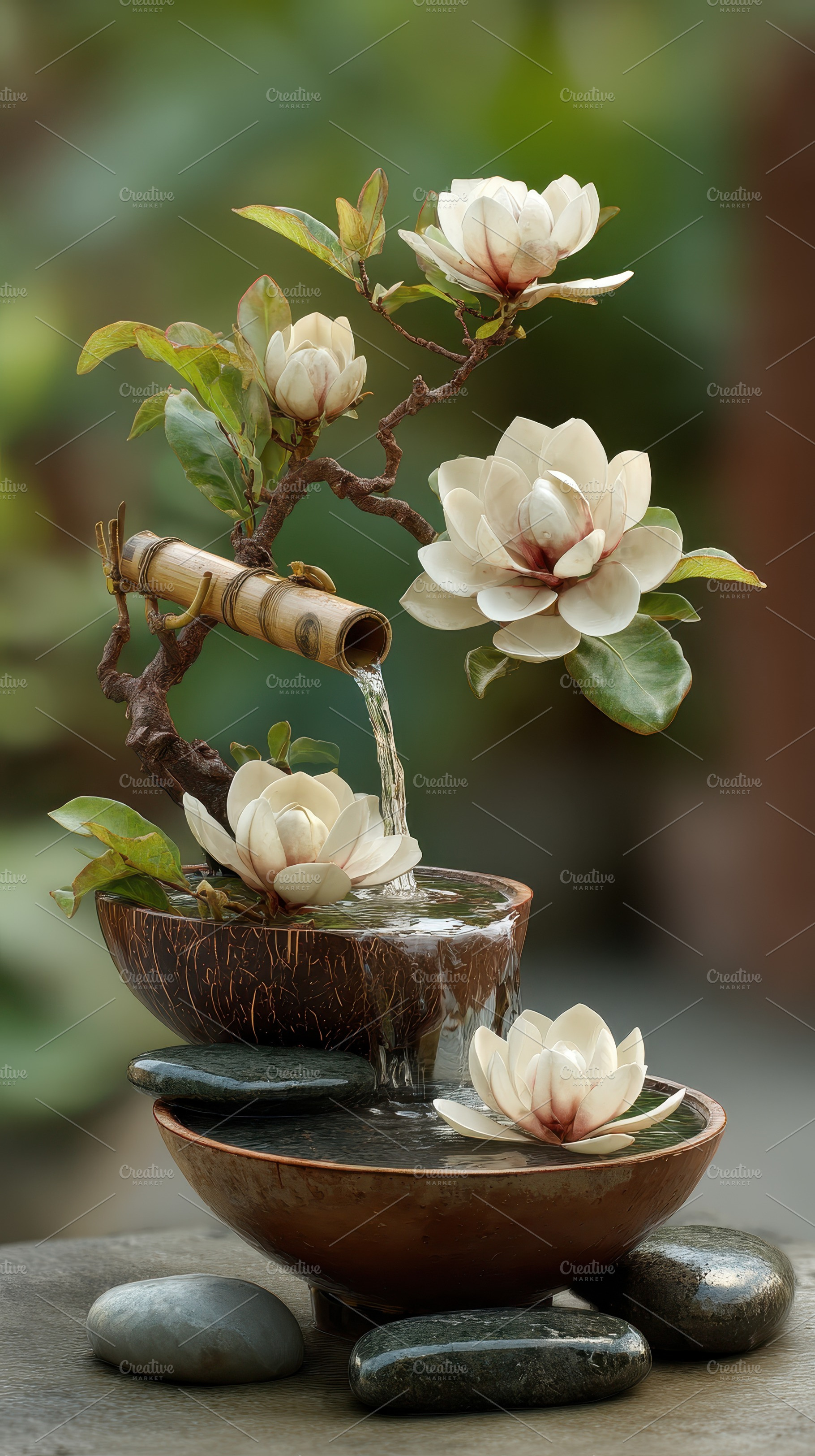 Serene Magnolia Water Fountain Zen G, a Photo by Pixeness Studio