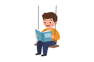 Happy boy sitting on a swing reading, an Illustration by designvectx